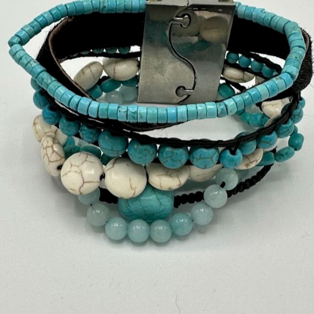 Multi media multi strand turquoise black and white bracelet